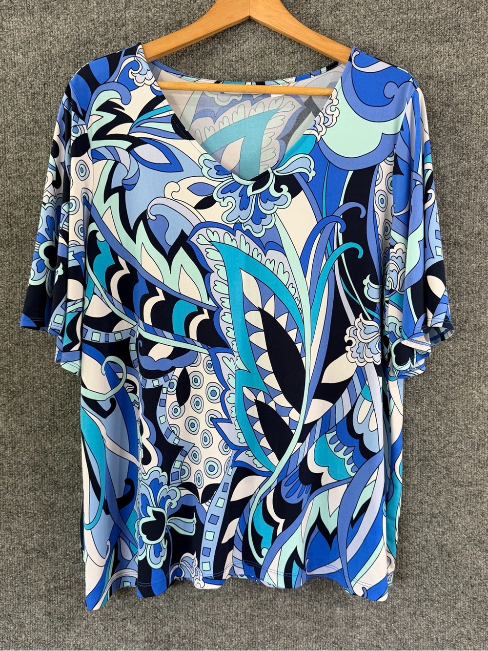 Susan Graver Liquid Knit Top Womens XL Paisley Abstract V-Neck Flutter Sleeve